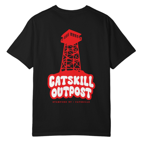 Black t-shirt with red and white graphic design on a white background