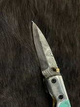 Load image into Gallery viewer, Damascus Steel Turquoise (Resin) Pocket Knife