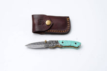 Load image into Gallery viewer, Titan International - Turquoise Damascus Folding Knife – Hand Engraved Bolster Edition