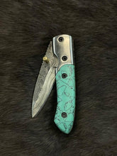 Load image into Gallery viewer, Damascus Steel Turquoise (Resin) Pocket Knife