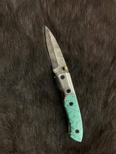 Load image into Gallery viewer, Damascus Steel Turquoise (Resin) Pocket Knife