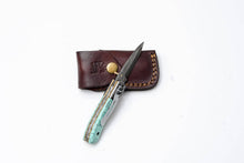 Load image into Gallery viewer, Titan International - Turquoise Damascus Folding Knife – Hand Engraved Bolster Edition