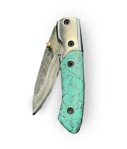 Damascus Steel Turquoise (Resin) Pocket Knife