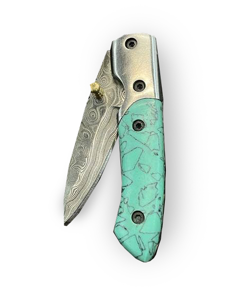 Damascus Steel Turquoise (Resin) Pocket Knife