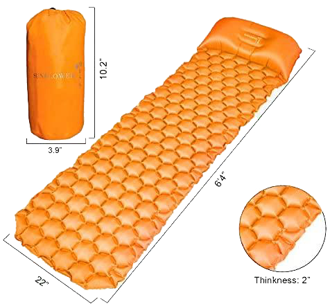 Inflatable Sleeping Pad w/Adjustable Pillow | Portable, Ultralight Compact Travel, Camping Sleep Mat | Cushioned Support | Waterproof